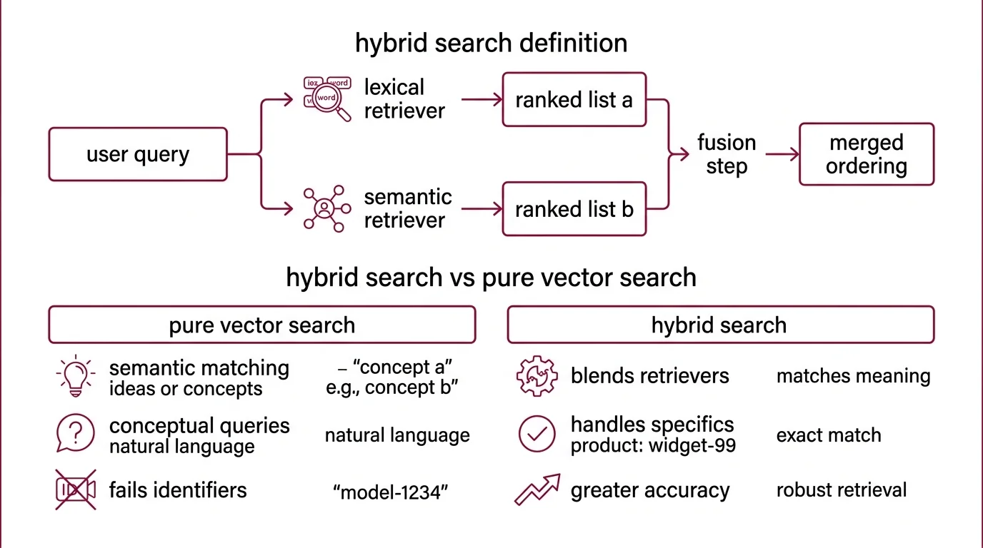 Diagram showing parallel BM25 and dense vector retrieval producing two ranked lists, then merged through reciprocal rank fusion into a single ordering
