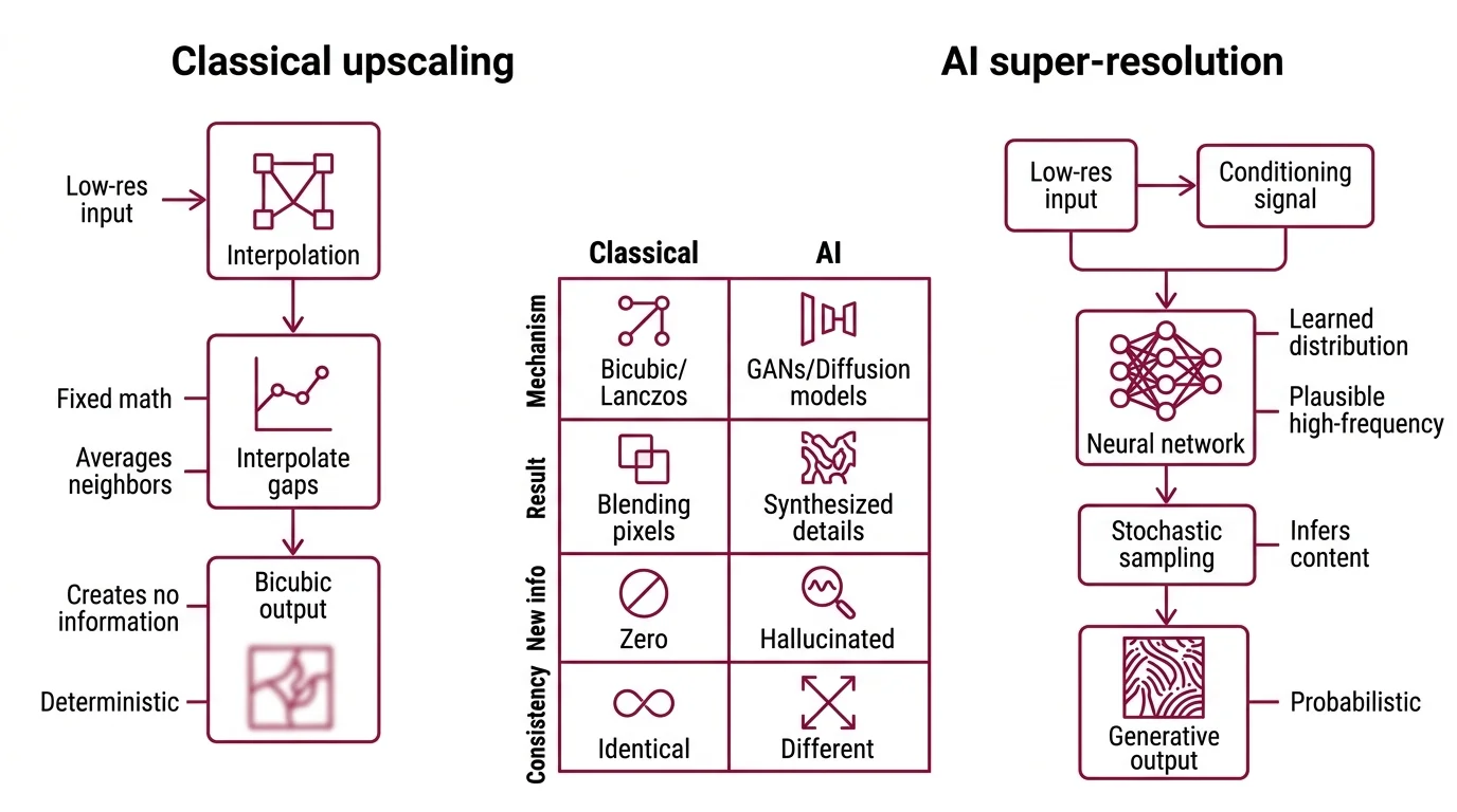 Diagram contrasting GAN single-pass super-resolution with diffusion iterative denoising, both conditioned on a low-resolution input image