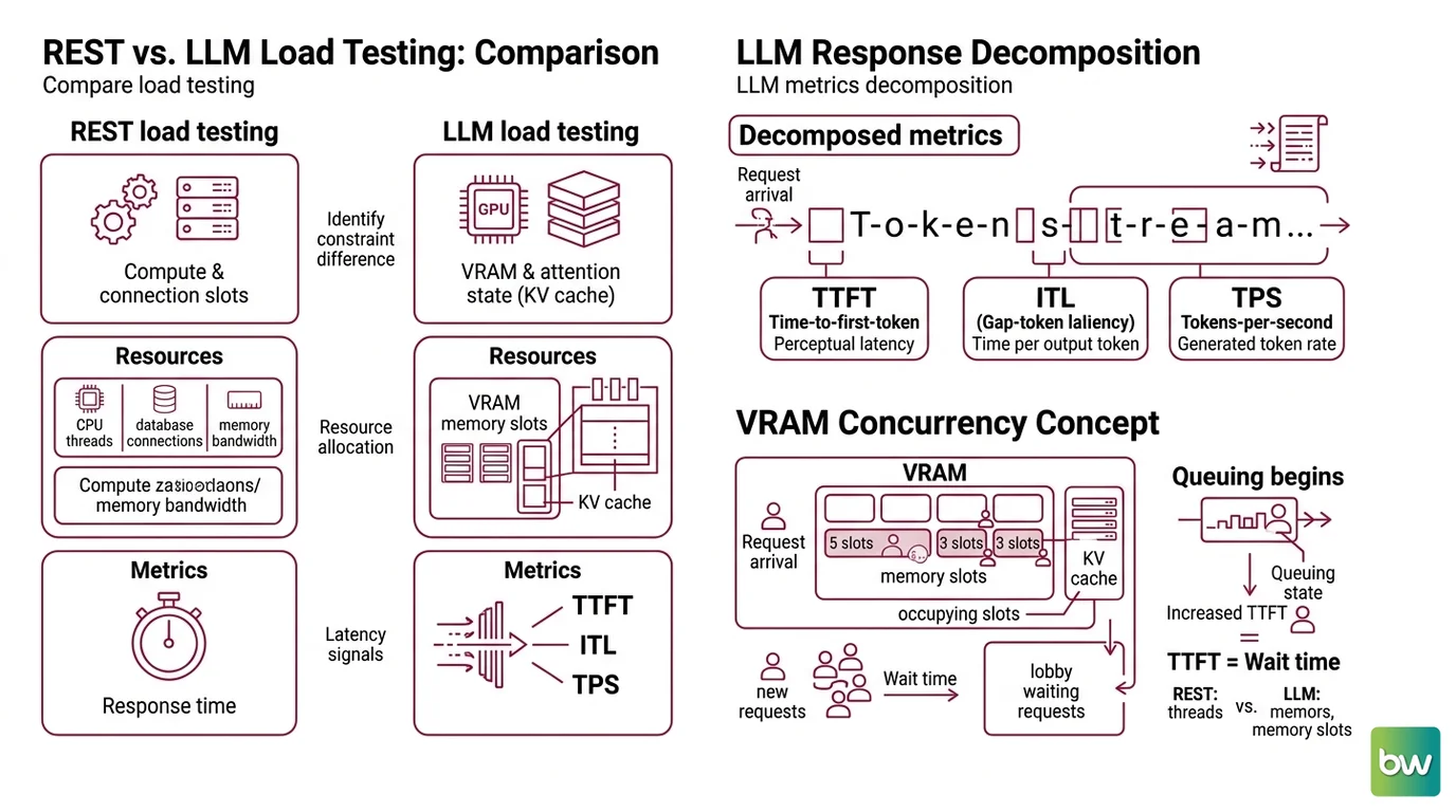 Three charts showing TTFT, ITL, and system TPS behavior as concurrent LLM requests increase, with P99 diverging from P50 as KV-cache fills