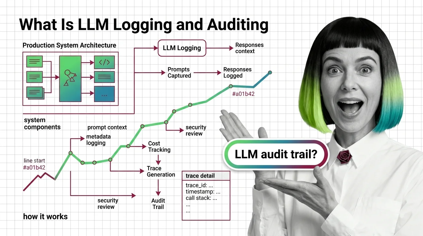 System diagram showing LLM trace hierarchies, token counters, and audit hash chains in a production inference pipeline