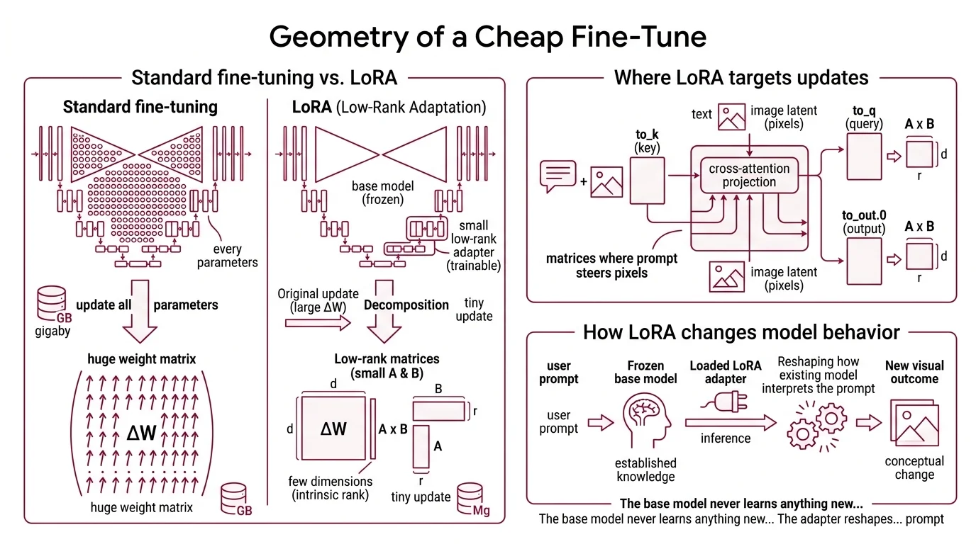 Diagram of a frozen diffusion UNet with a low-rank BA adapter attached to cross-attention projections