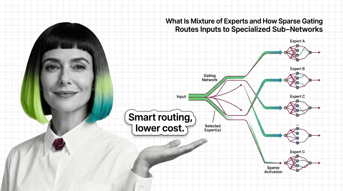 Sparse neural network with glowing active pathways routing through specialized expert sub-networks