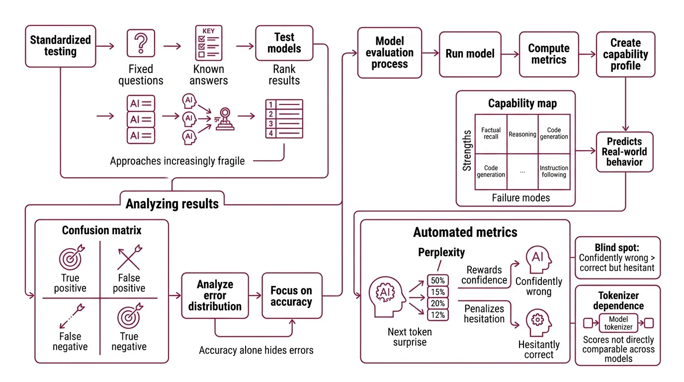 Comparison diagram showing how static benchmarks, human evaluation, and LLM-as-judge each measure different dimensions of model quality