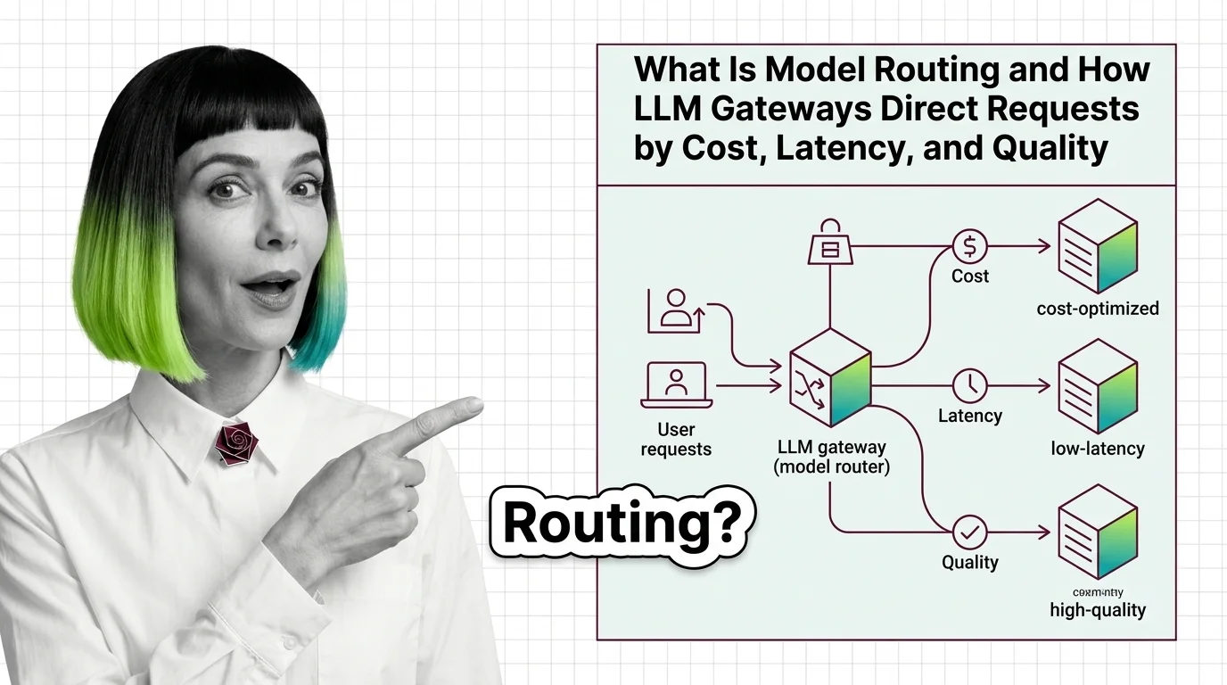 Abstract routing diagram showing AI requests being directed to different LLM models by cost, latency, and quality signals