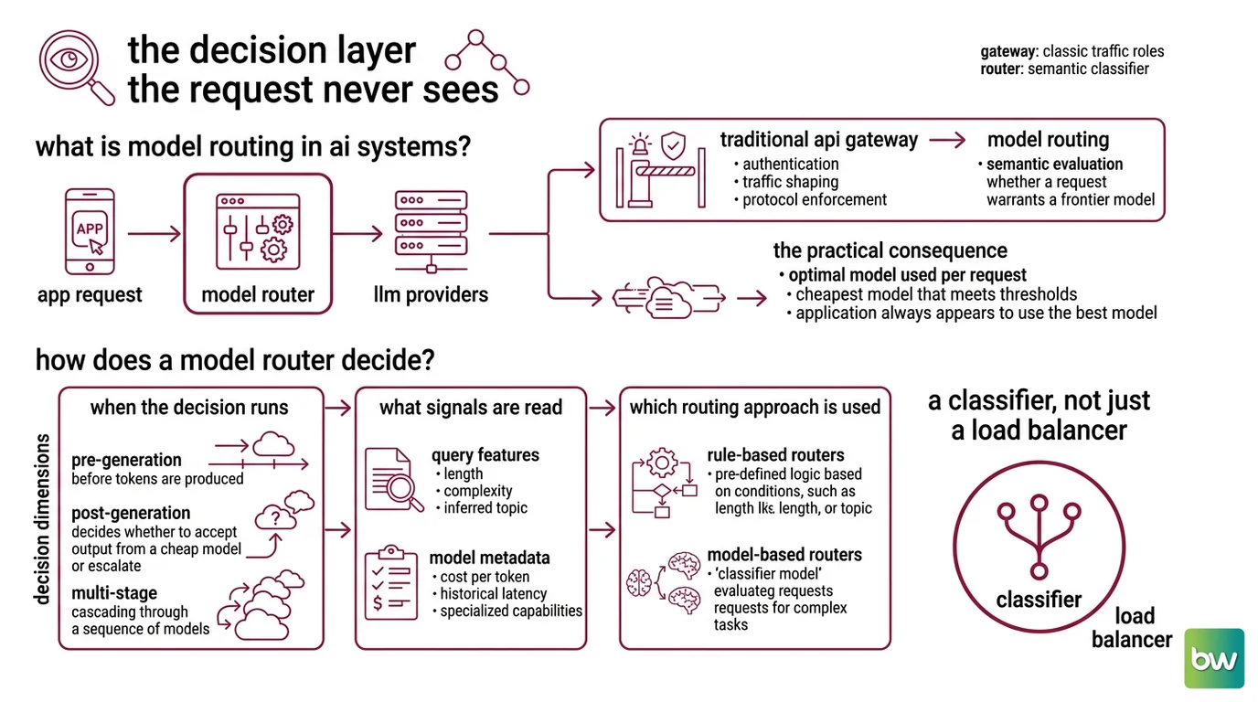 Three-stage model routing pipeline: pre-router classifying request complexity, post-generation verifier scoring output quality, escalation policy directing to strong model when needed