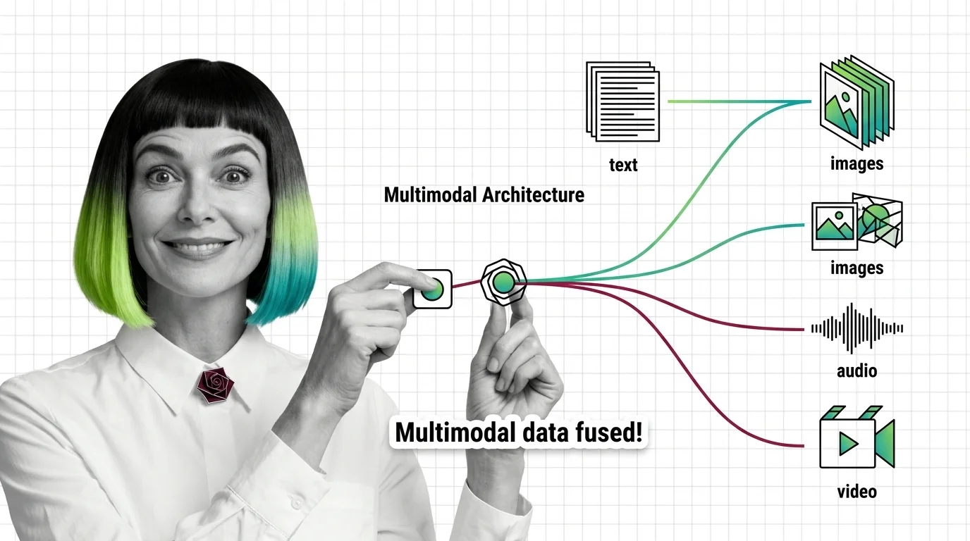 Geometric visualization of a neural network fusing text, image, audio, and video streams into a shared latent space