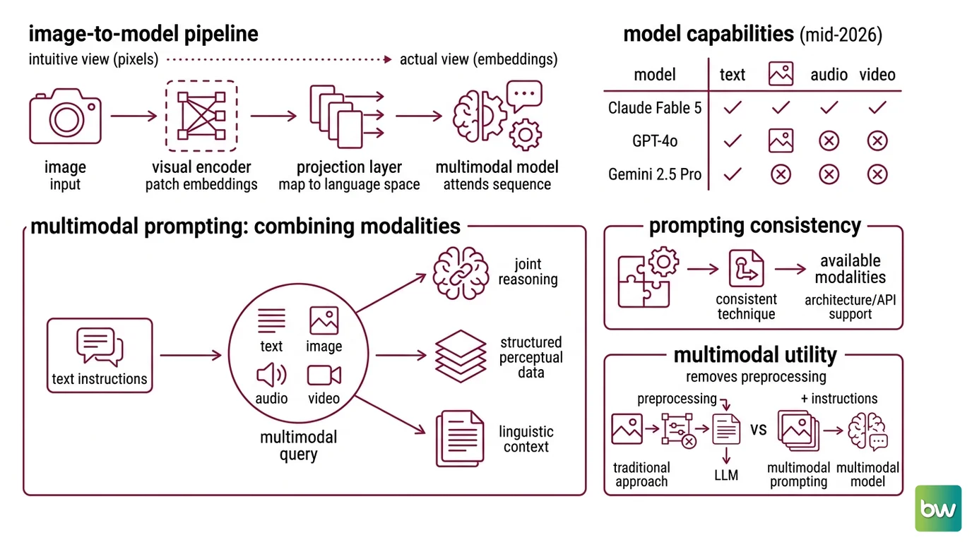 Three-stage VLM pipeline: visual encoder splits image into patch embeddings, projection layer maps them to LLM token space, LLM decoder runs joint attention over visual and text token sequence