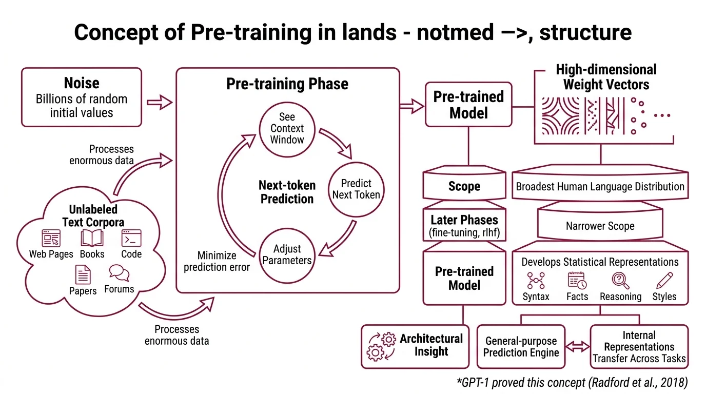 Side-by-side comparison of autoregressive next-token prediction and masked language modeling showing how each objective processes the same input text to build different internal representations