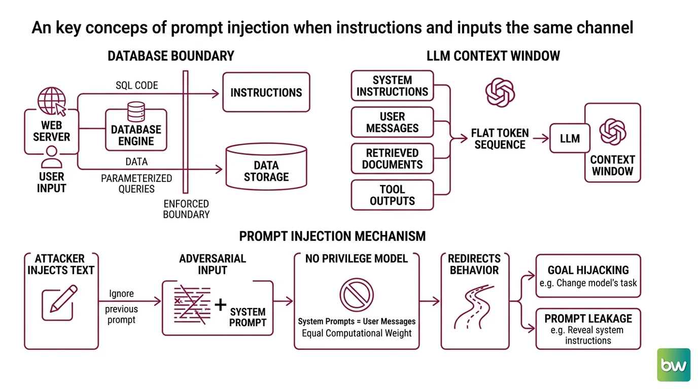 Three attack surfaces for prompt injection: direct via user input, indirect via retrieved external documents, and multimodal via image or audio content with embedded instructions