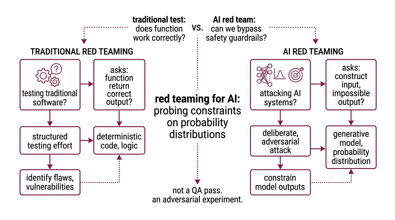 Diagram comparing AI red teaming attack vectors across prompt injection, jailbreaking, data poisoning, and embedding manipulation