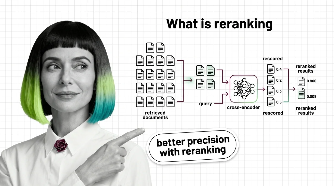 Two-stage retrieval diagram showing bi-encoder candidate selection followed by cross-encoder reranking for higher precision