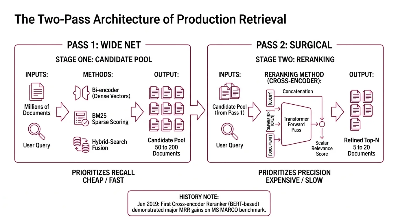 Two-stage retrieval architecture: stage-one retriever producing 50-200 candidates, stage-two cross-encoder rescoring to top-N for the LLM