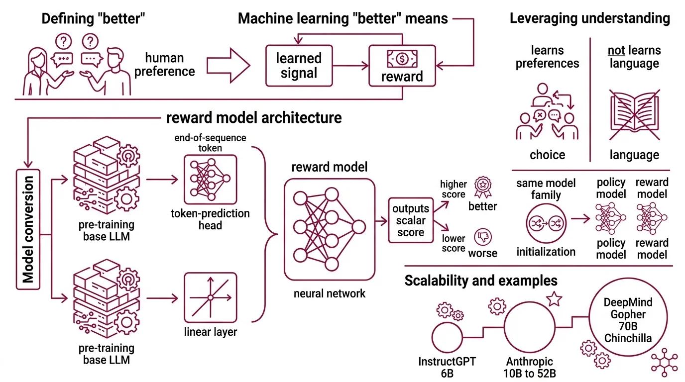 Diagram showing reward model architecture: base LLM processes prompt-response pair, final hidden state flows through linear preference head to scalar output, trained via Bradley-Terry loss on pairwise human preferences