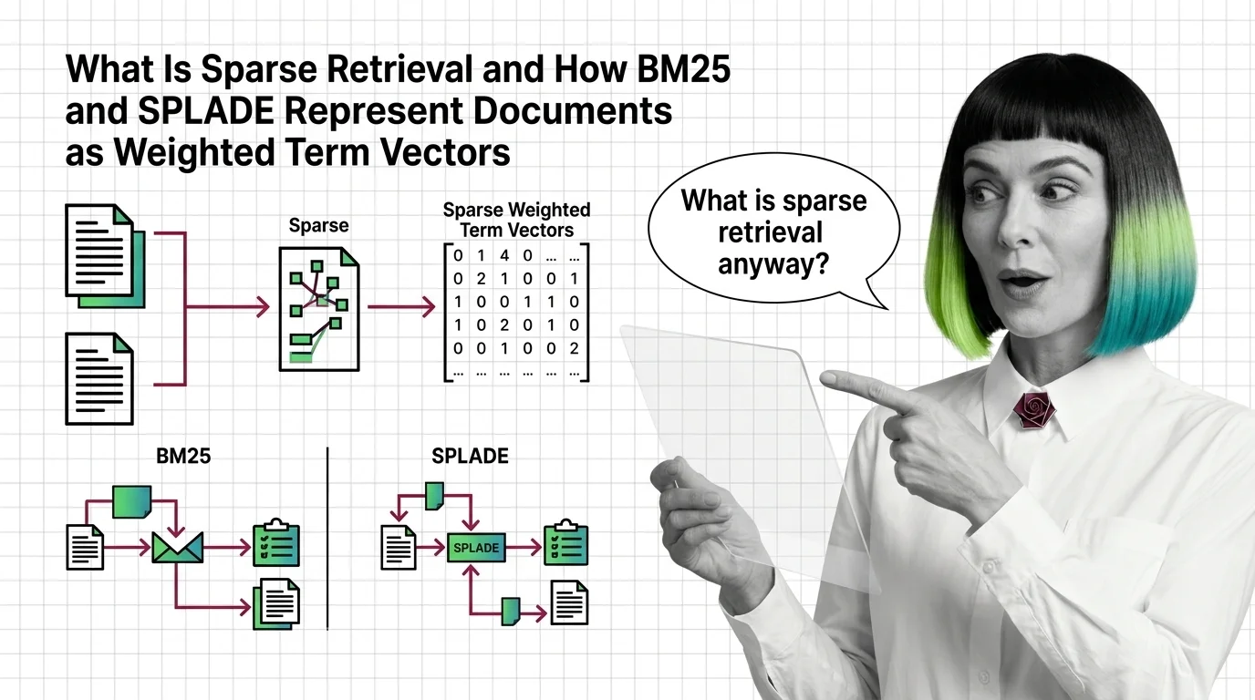 Diagram of sparse retrieval: documents represented as weighted term vectors over a vocabulary, scored against a query through an inverted index
