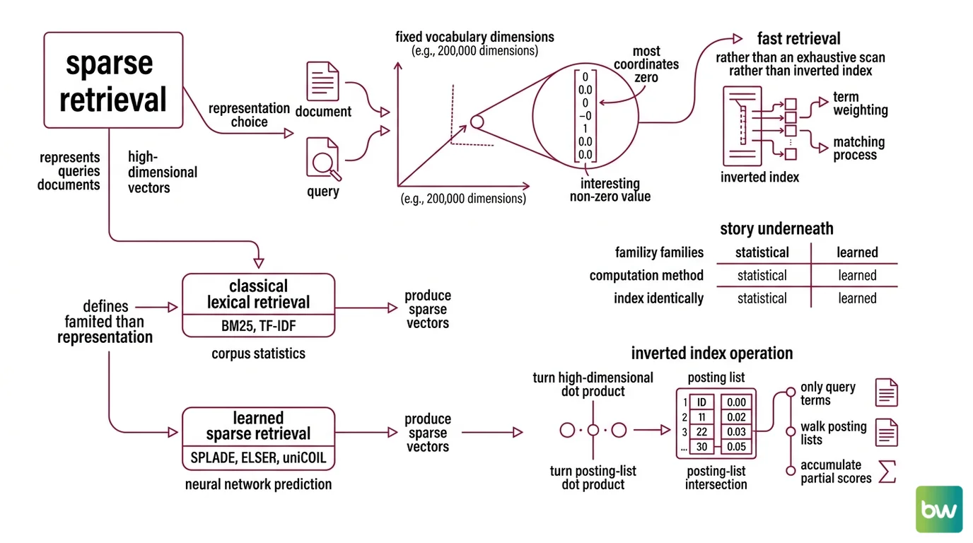 Sparse retrieval architecture: tokenizer, encoder, inverted index, and scorer, with BM25 and SPLADE shown as two encoder choices feeding the same index