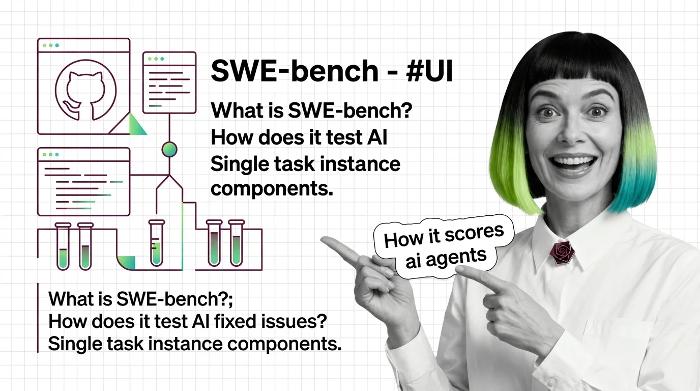 SWE-bench harness scoring an AI coding agent: a patch applied to a repo, its test suite run, marked pass or fail
