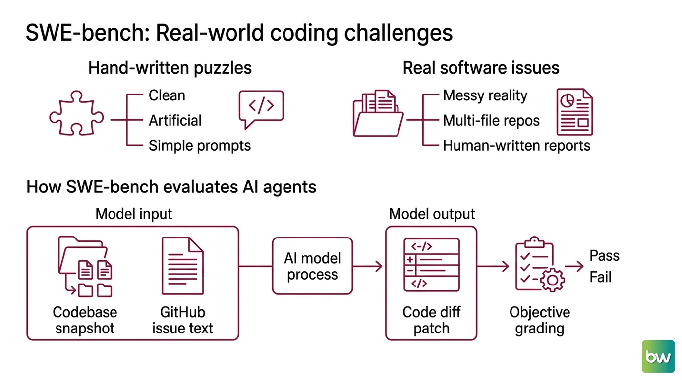 The SWE-bench grading loop: apply the model's patch, add the hidden tests, run the suite, mark resolved only if fix tests pass and regression tests still pass