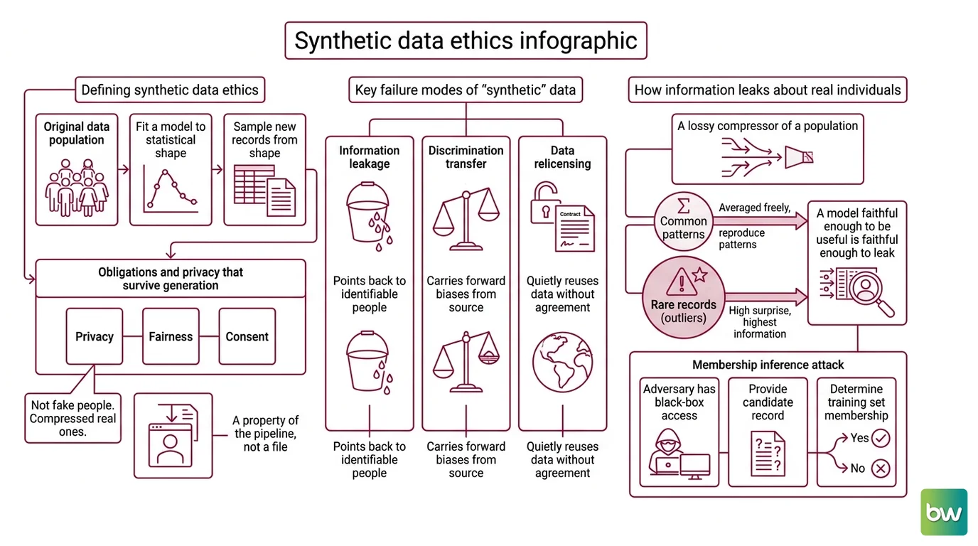 Three ethical risks of synthetic data — re-identification, bias amplification, consent laundering — and how faithful generation drives each