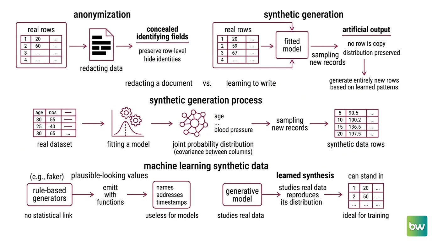 Pipeline from real data to a learned distribution to sampled synthetic records using GAN, VAE, and diffusion engines