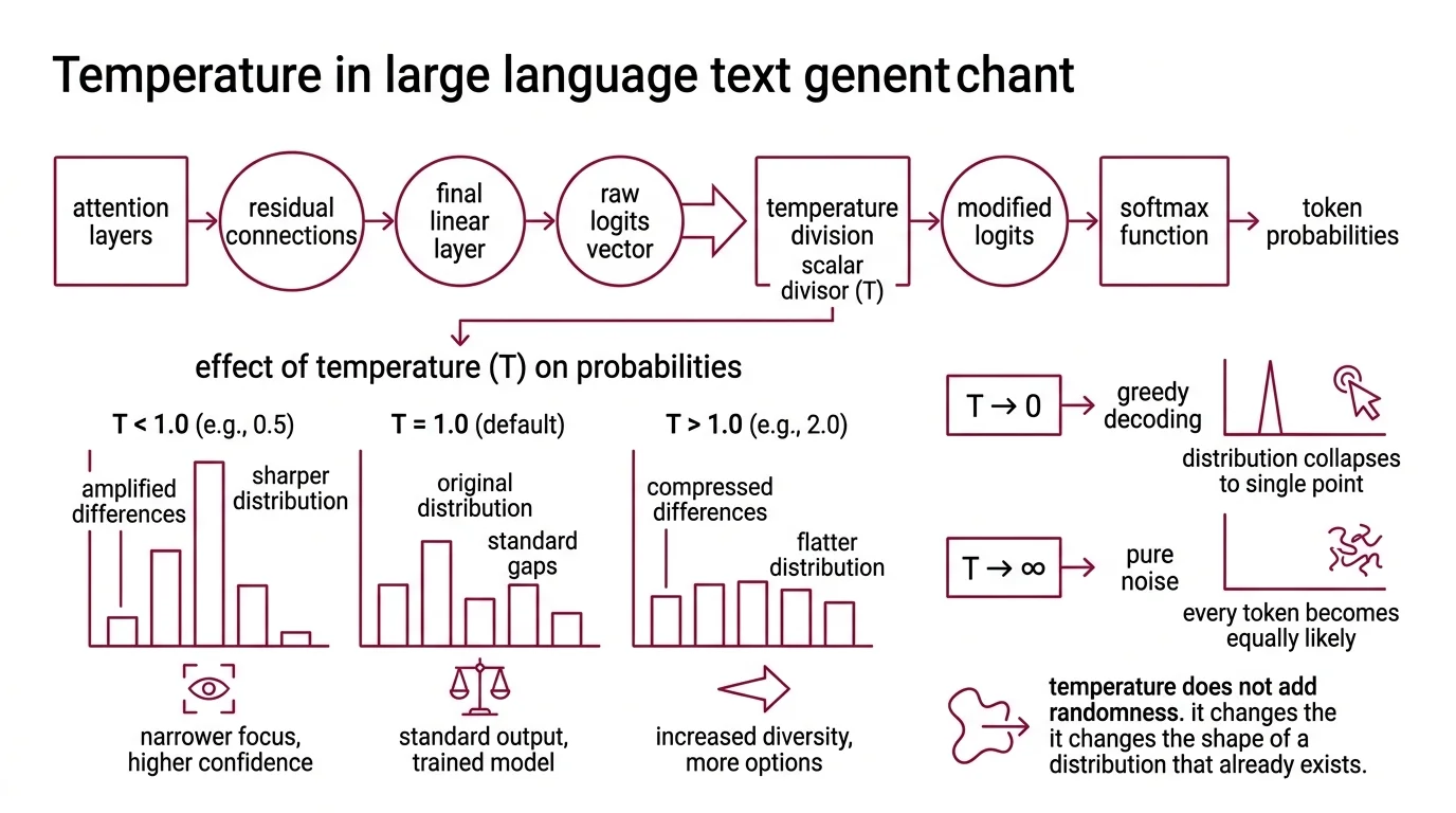 Diagram showing how temperature scaling reshapes the softmax probability distribution and how top-p and min-p truncation strategies filter the resulting token candidates