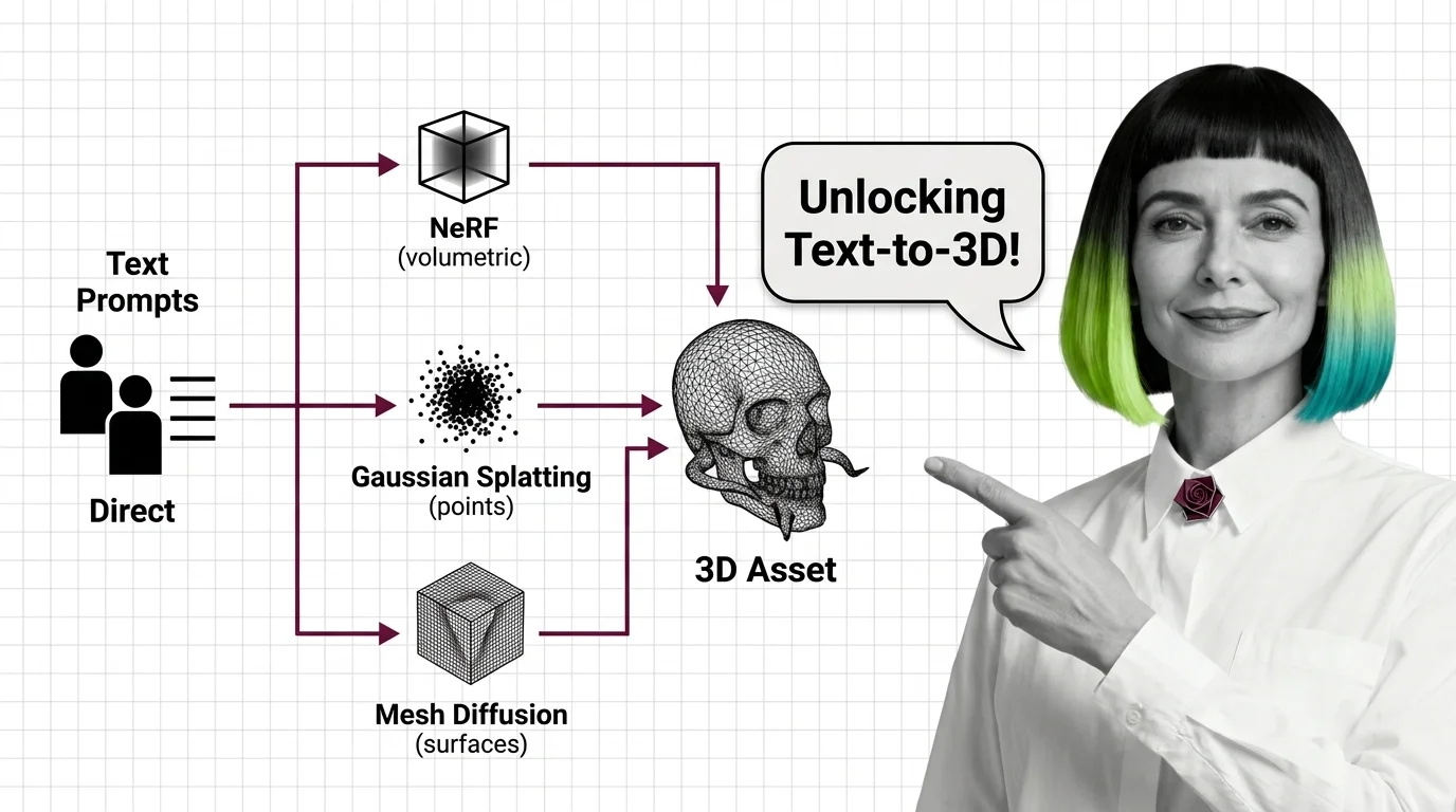 Diagram of a text prompt transforming into NeRF radiance field, Gaussian splat cloud, and polygon mesh side by side
