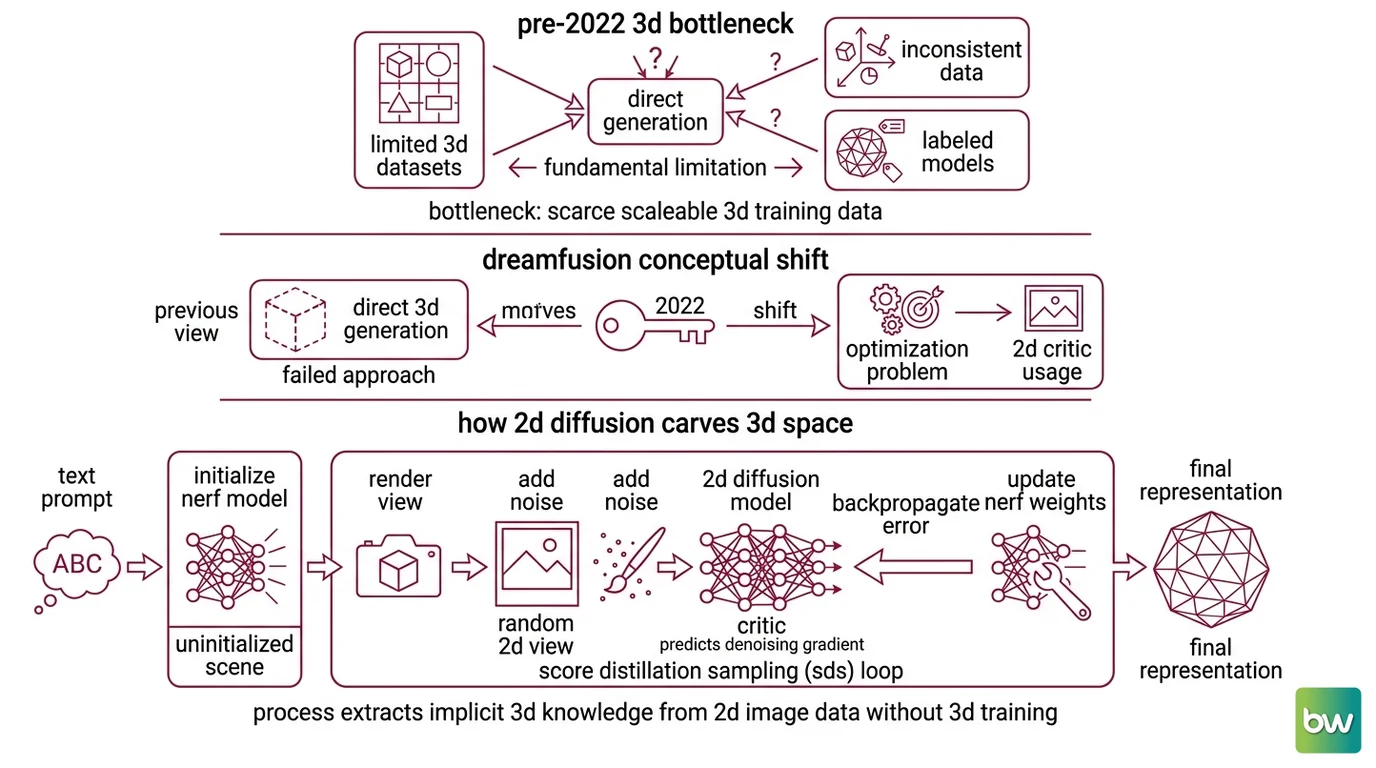 Comparison diagram of NeRF implicit field, Gaussian splat point cloud, and direct mesh diffusion pipeline, each mapped to rendering speed and export compatibility