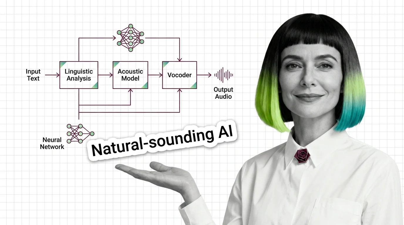 Neural TTS diagram: text flowing through acoustic model and mel spectrogram to synthesized audio waveform