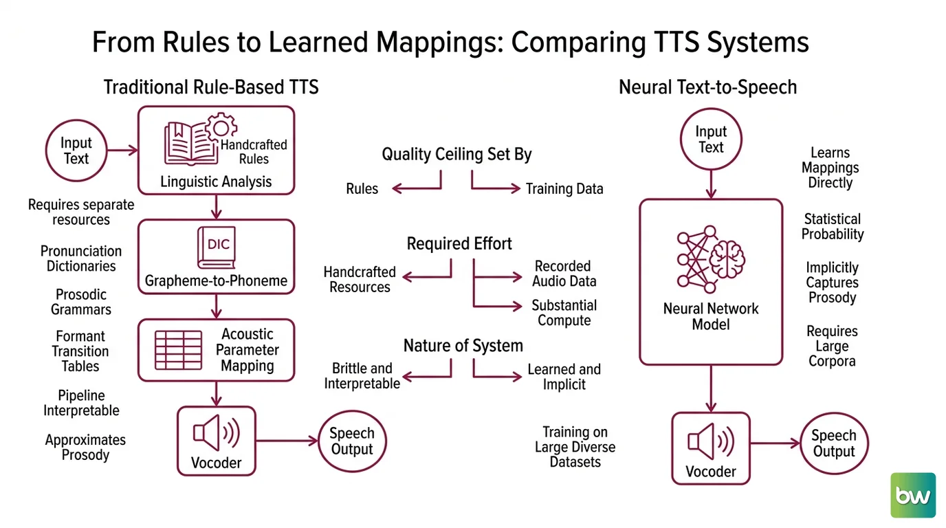 Diagram comparing two-stage TTS pipeline from text through mel spectrogram and vocoder to audio versus end-to-end neural TTS with direct waveform generation