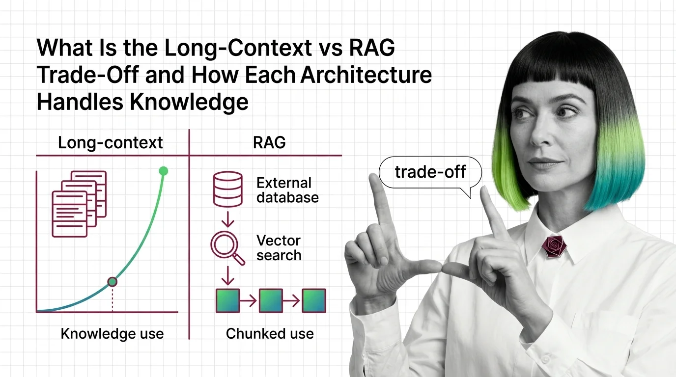 Two diverging pathways representing long-context windows and retrieval-augmented generation handling knowledge in large language models