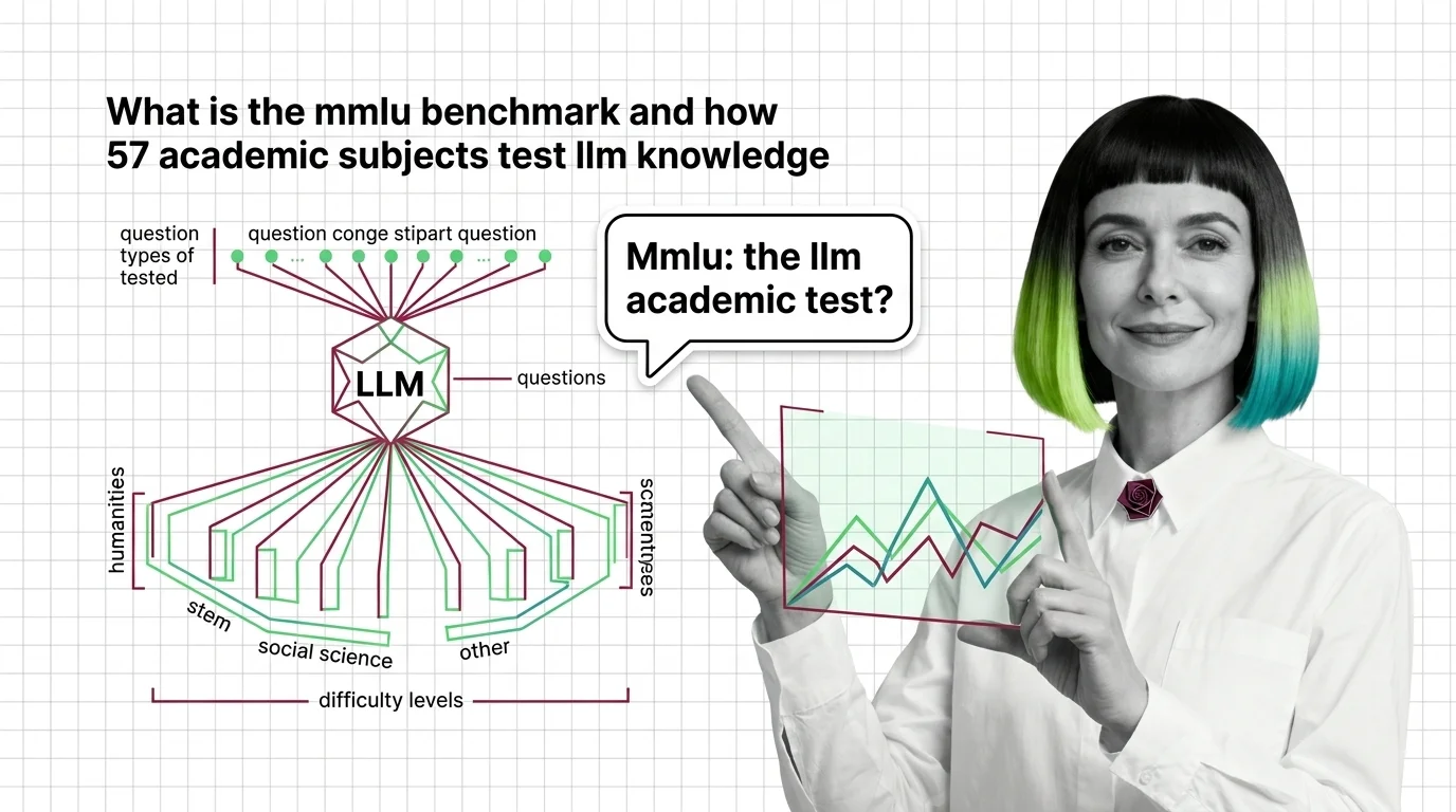 Grid of academic subject icons radiating from a central multiple-choice evaluation node with accuracy gradients