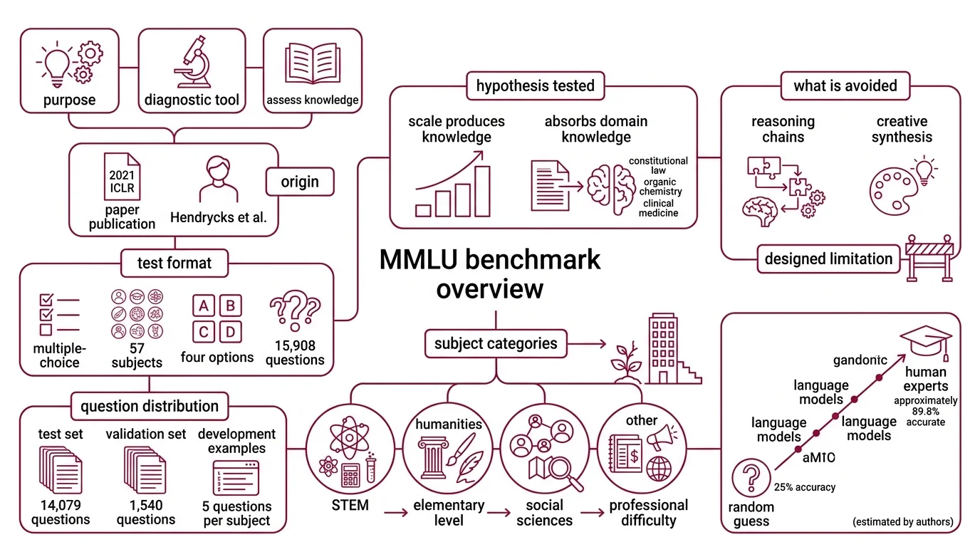 Diagram showing MMLU's 57 subjects organized into four categories with a difficulty gradient from elementary to professional level