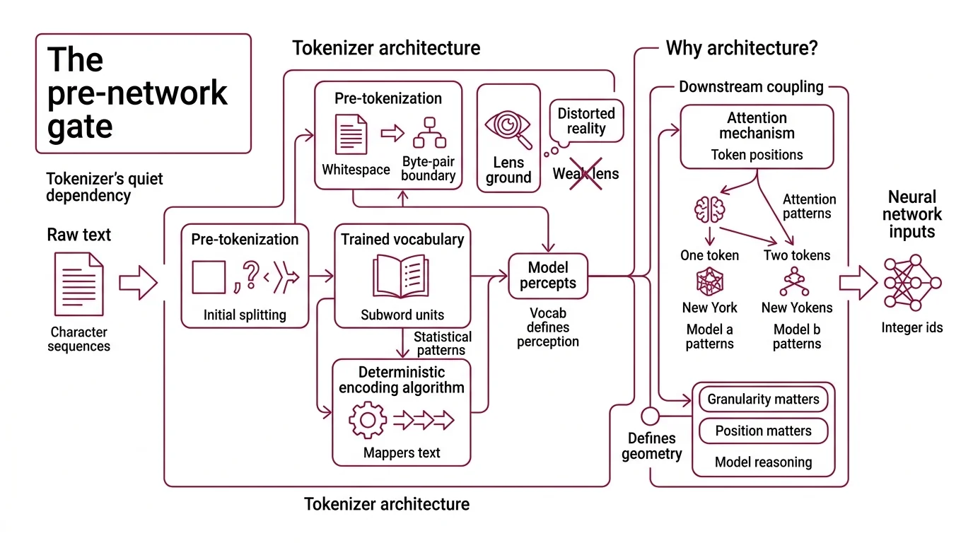 Tokenizer pipeline diagram showing pre-tokenization, vocabulary lookup, merge rules, and byte fallback stages with BPE, WordPiece, and Unigram algorithm branches