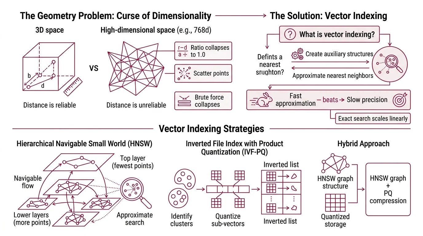 Comparison diagram of vector index families showing graph-based, partition-based, disk-hybrid, and flat strategies with their core trade-offs