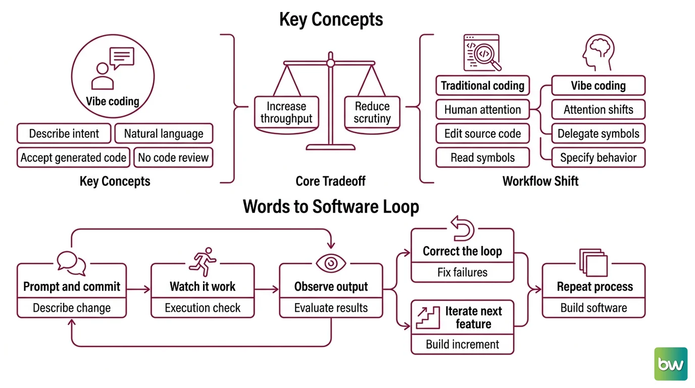Four-component vibe coding architecture: intent parser, embedding engine, agentic code generator, feedback loop