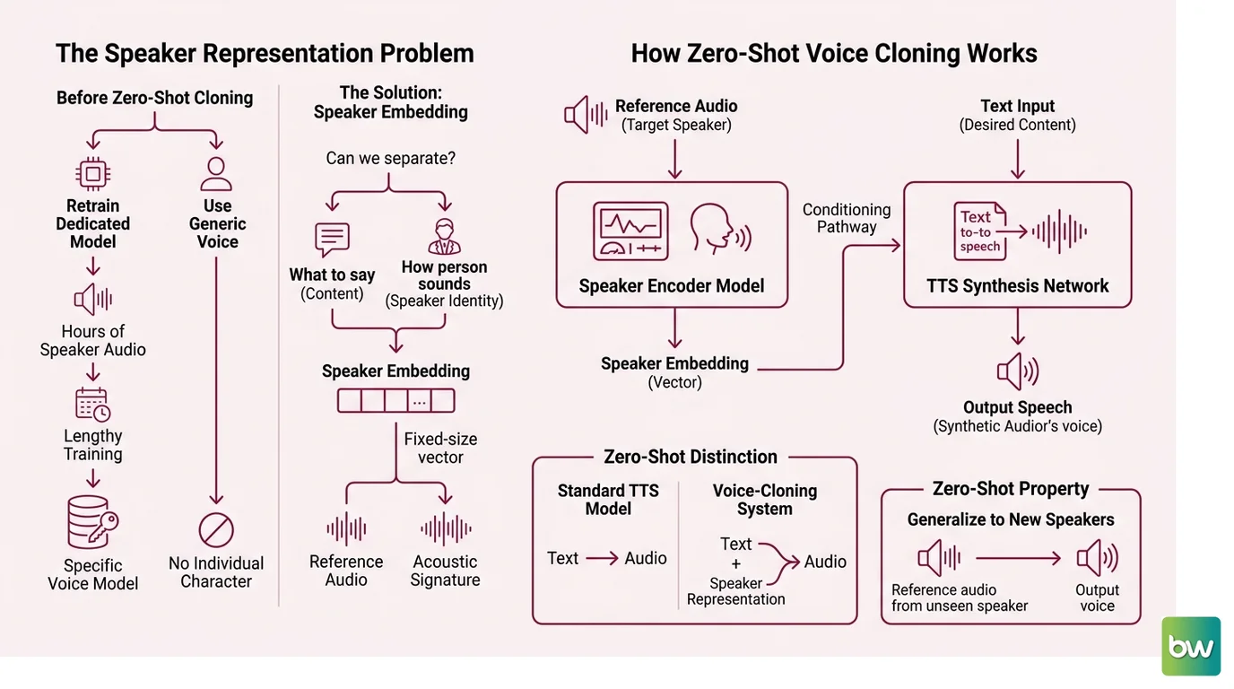 Diagram showing voice cloning pipeline: reference audio → speaker encoder → embedding vector → TTS synthesis network conditioned on embedding + text → cloned speech output