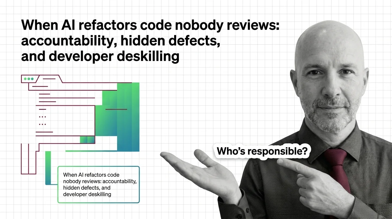 A silent code review chair sits empty while machine hands rewrite a codebase nobody watches anymore