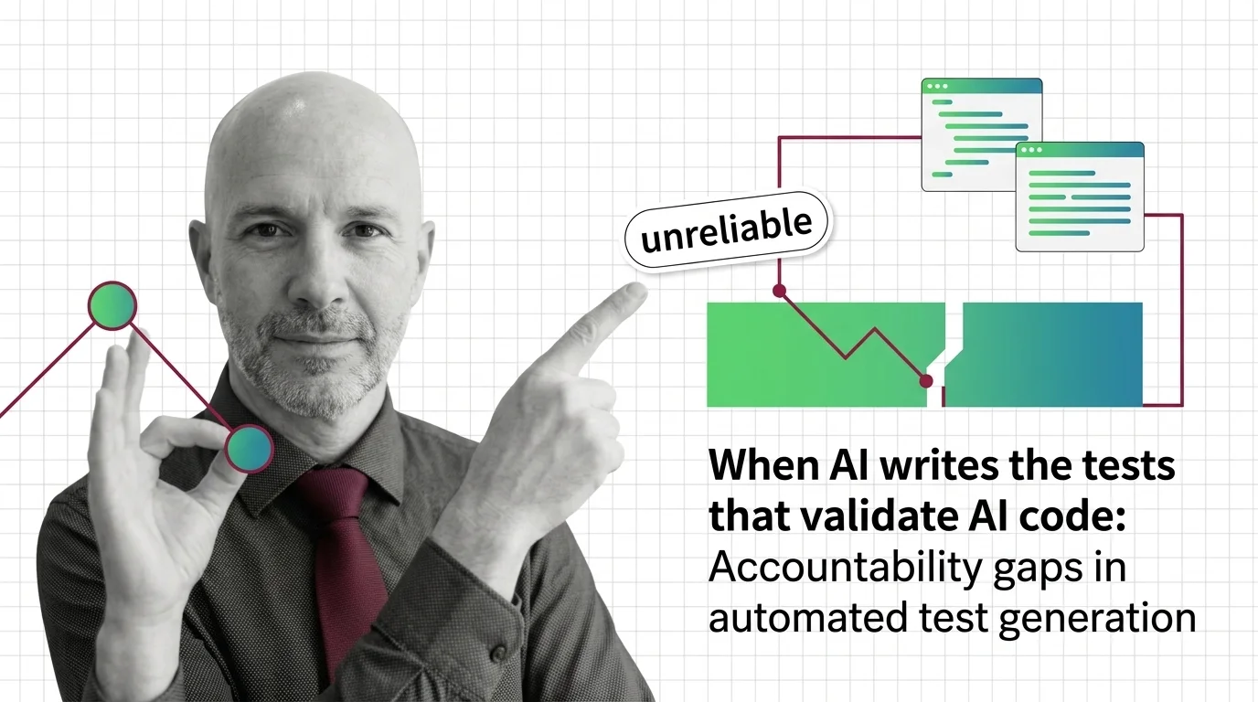 Automated test generation reviewing AI-written code, depicting accountability gaps in software quality assurance