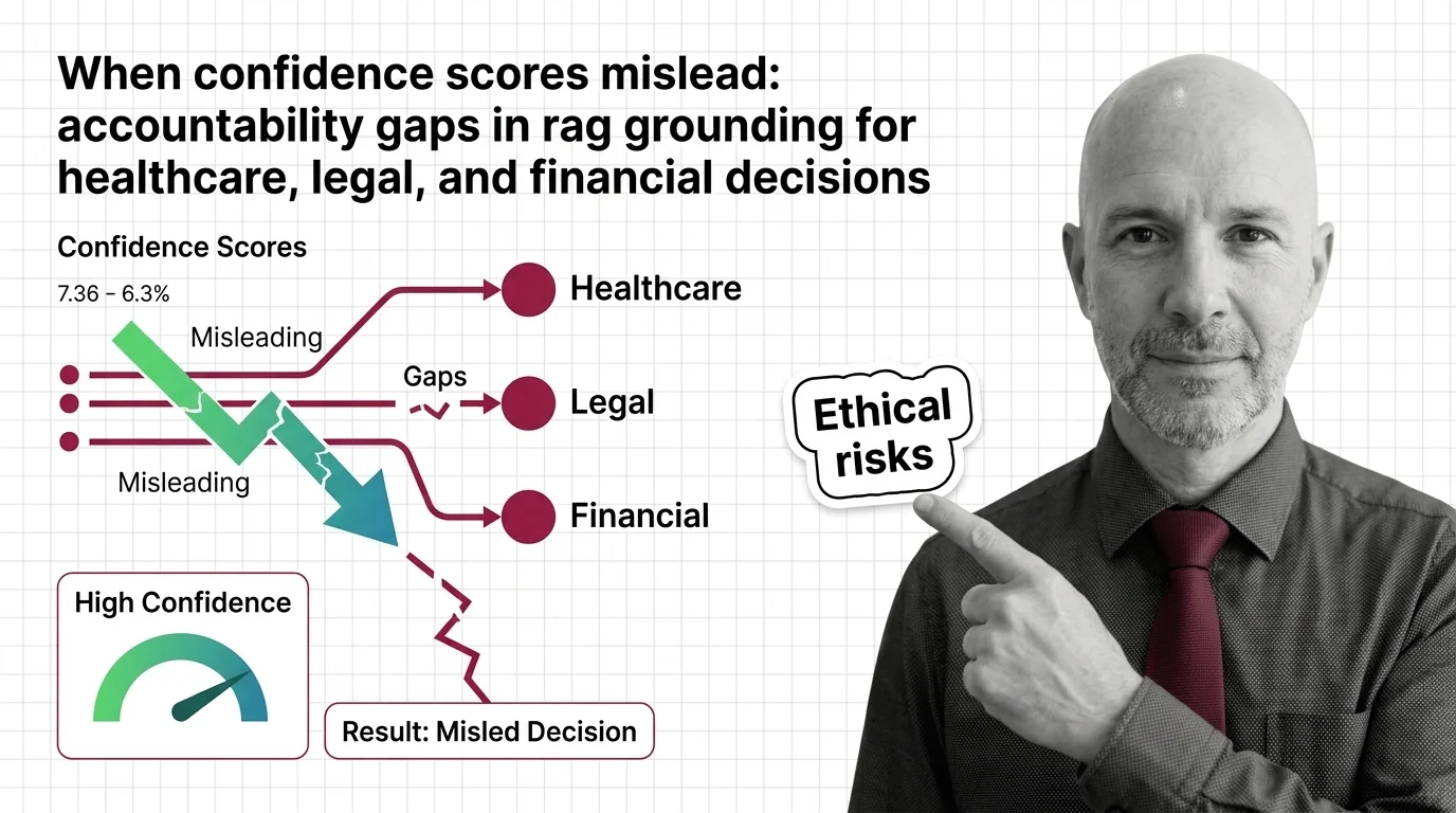 Green confidence dial above a clinical, legal, financial dashboard with source documents fading into shadow.