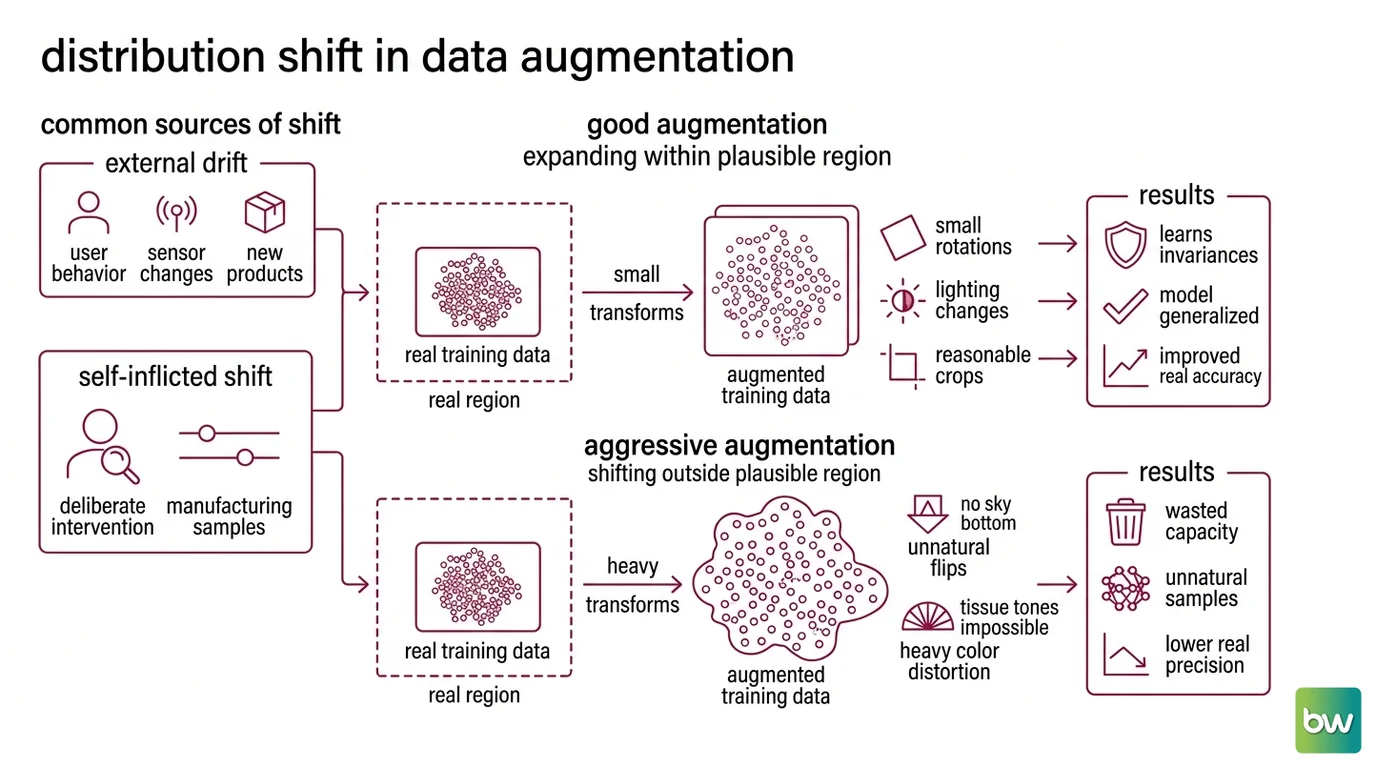Diagram contrasting safe augmentation that fills the real-data region with aggressive augmentation that pushes samples outside it and breaks the input-label mapping