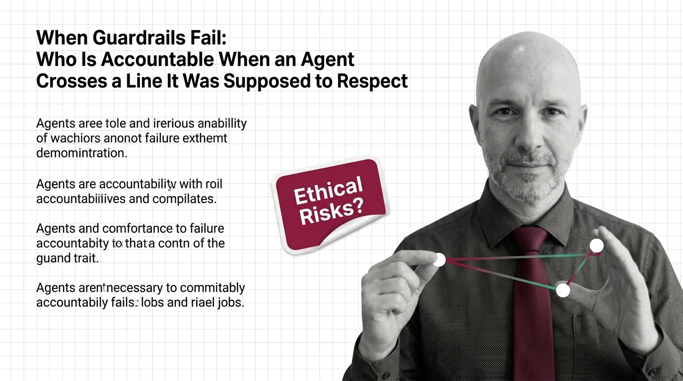 Cracked guardrail beside an autonomous AI agent reaching past a boundary line, symbolising the accountability gap