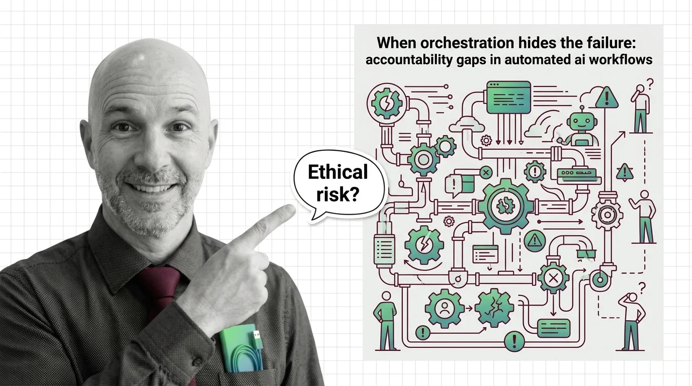 Autonomous workflow nodes looping in a chain without human supervision, illustrating accountability gaps in AI orchestration
