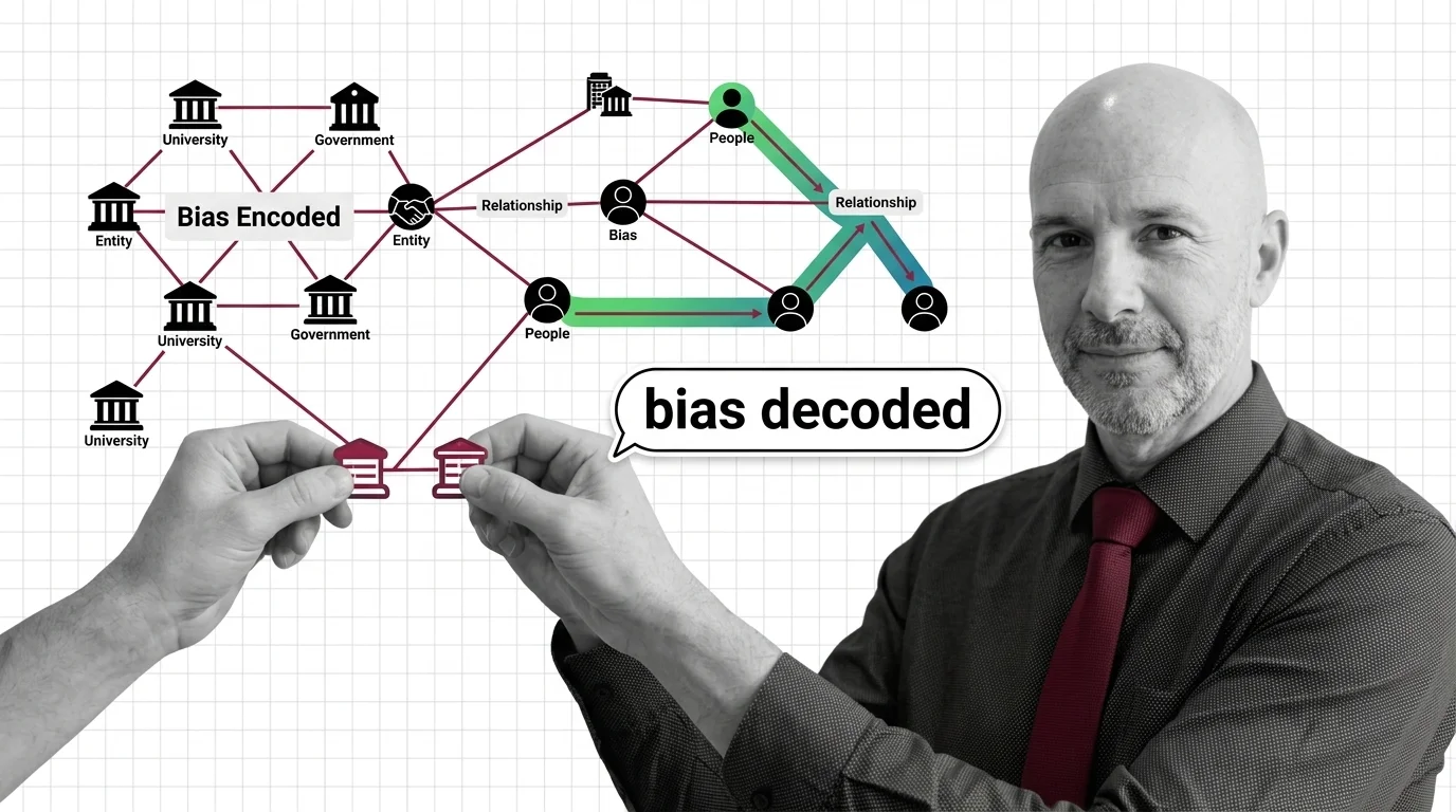 Knowledge graph nodes and edges arranged like a courtroom diagram, suggesting a system that quietly decides which facts count.