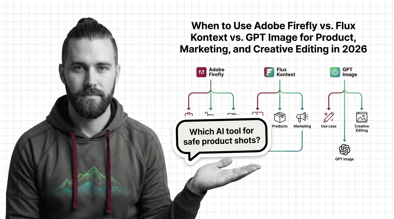 Three AI image editors compared for commercial marketing work — Adobe Firefly, Flux Kontext, and GPT Image decision matrix
