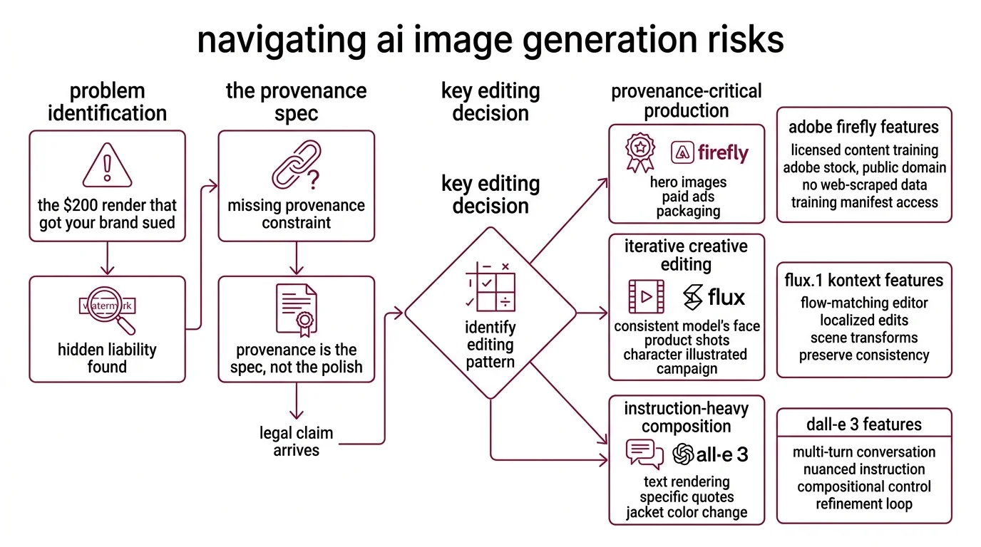 Three AI image editors mapped to three commercial editing patterns — provenance, reference consistency, and instruction-heavy composition — showing which tool wins each job