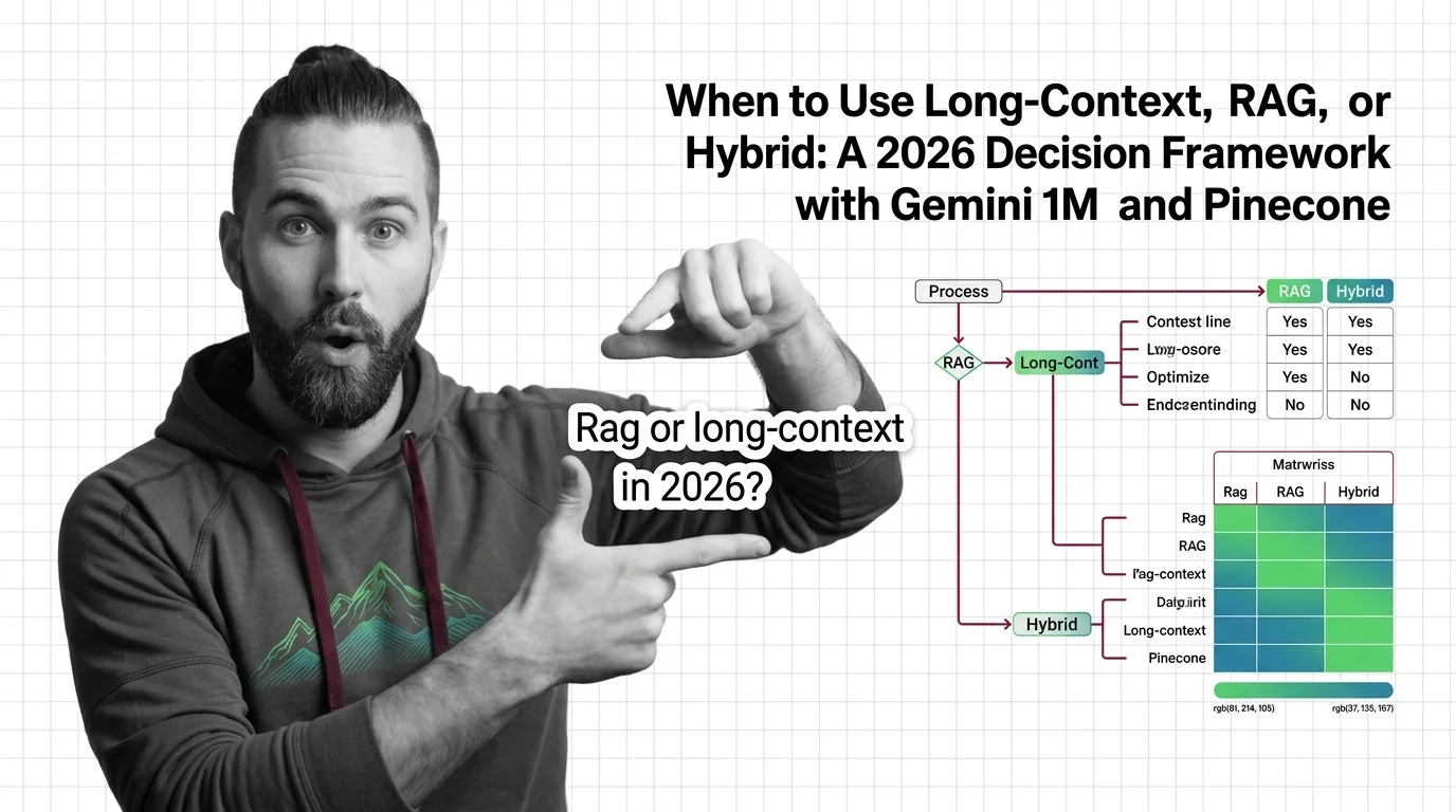 Decision framework comparing long-context window, RAG retriever, and hybrid pipeline routes for 2026 AI applications