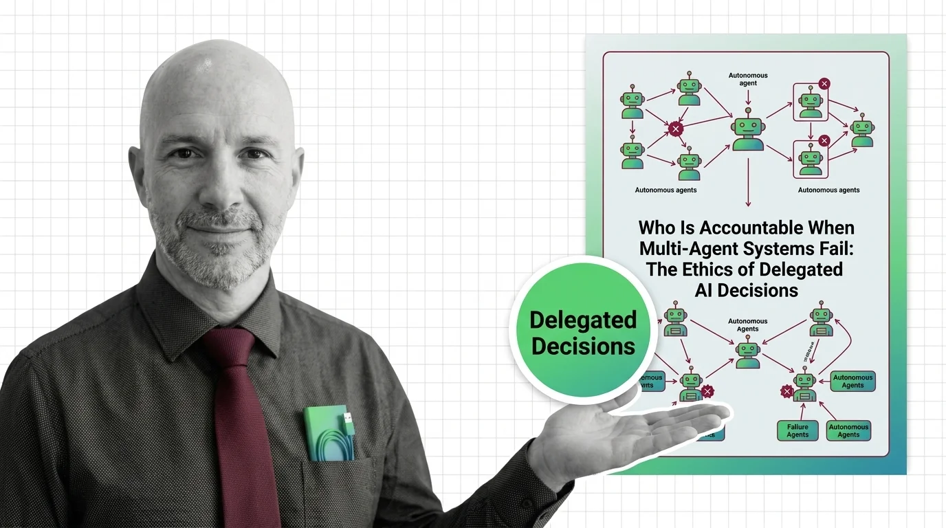 Tangled chains of decision arrows between abstract agent figures, evoking diffused accountability in autonomous AI systems