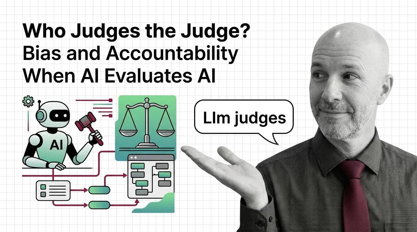 Balance scales weighing one AI model's output against another, evoking bias and accountability when AI evaluates AI