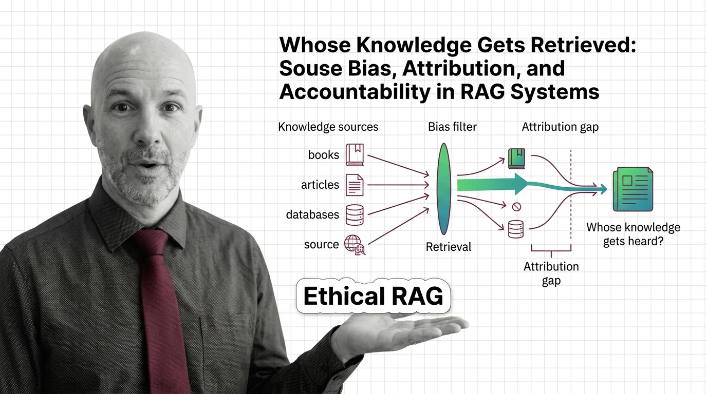 Layered documents forming an index with shadowed gaps representing source bias and attribution loss in retrieval systems