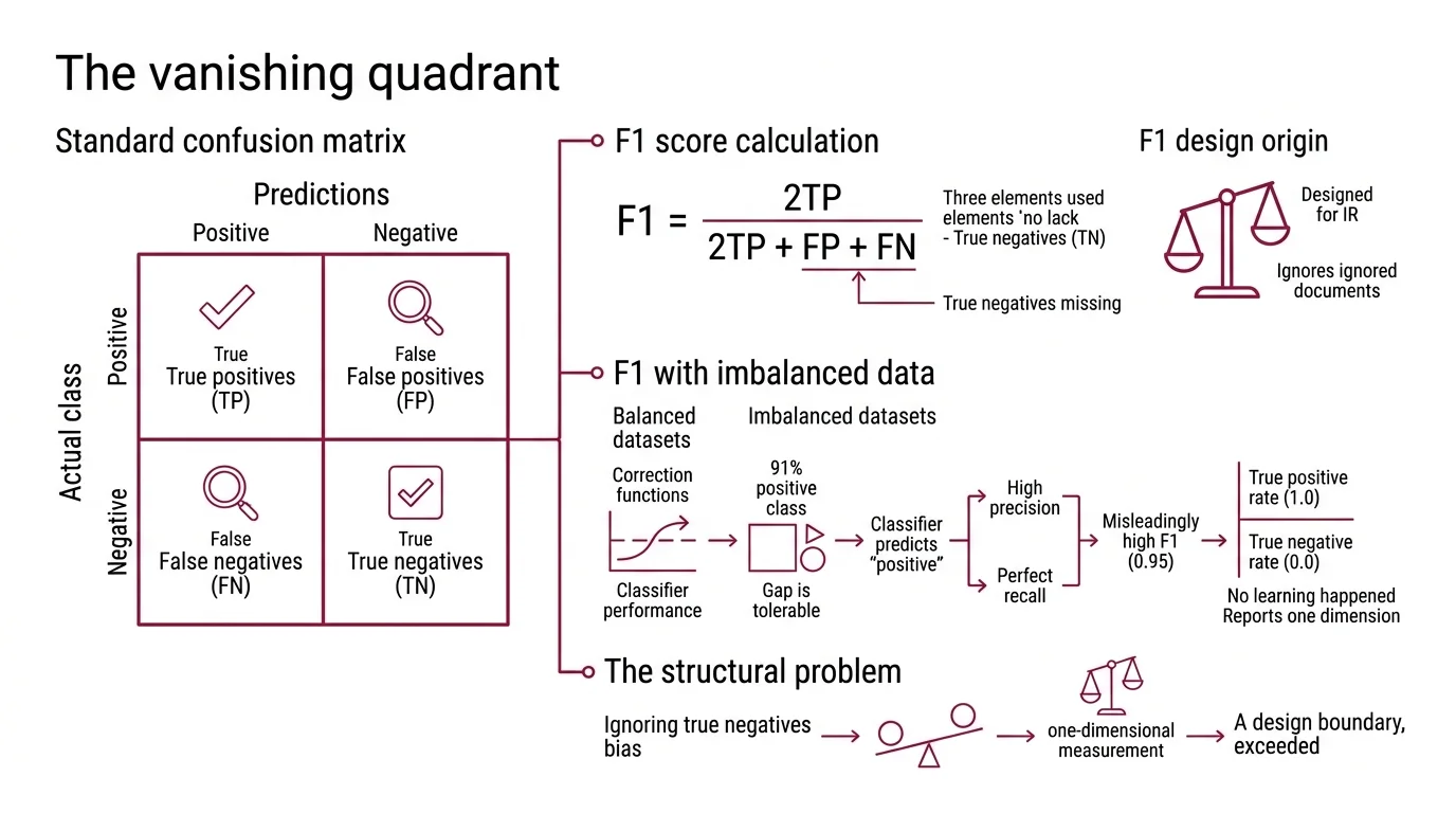 Side-by-side comparison showing how F1, MCC, ROC-AUC, and PR-AUC read the same confusion matrix differently