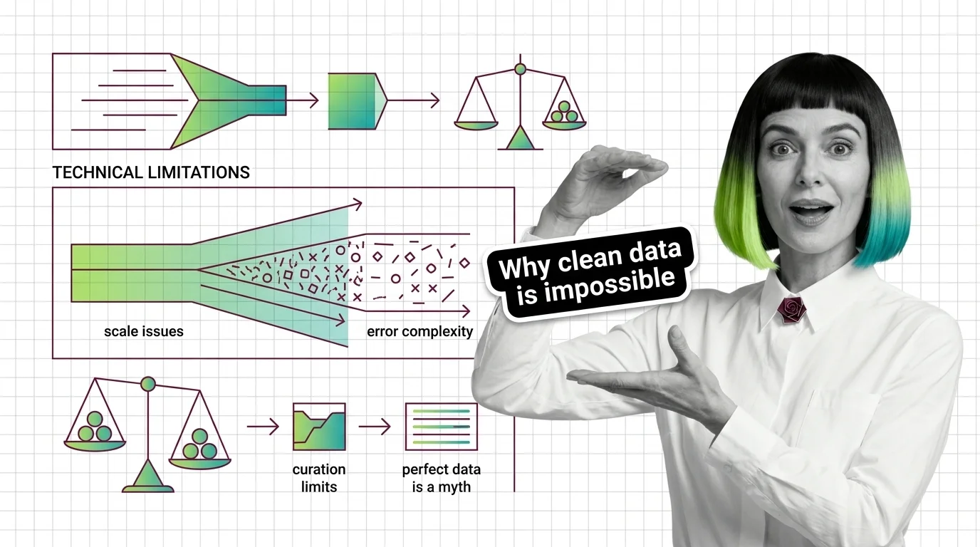 A dataset as particles where a fraction of labels glow red, showing why curation at scale never reaches zero error